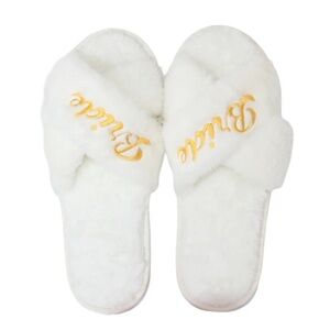 White Bride Fuzzy Criss Cross Slippers Gold Embroidery Size 8 NWT